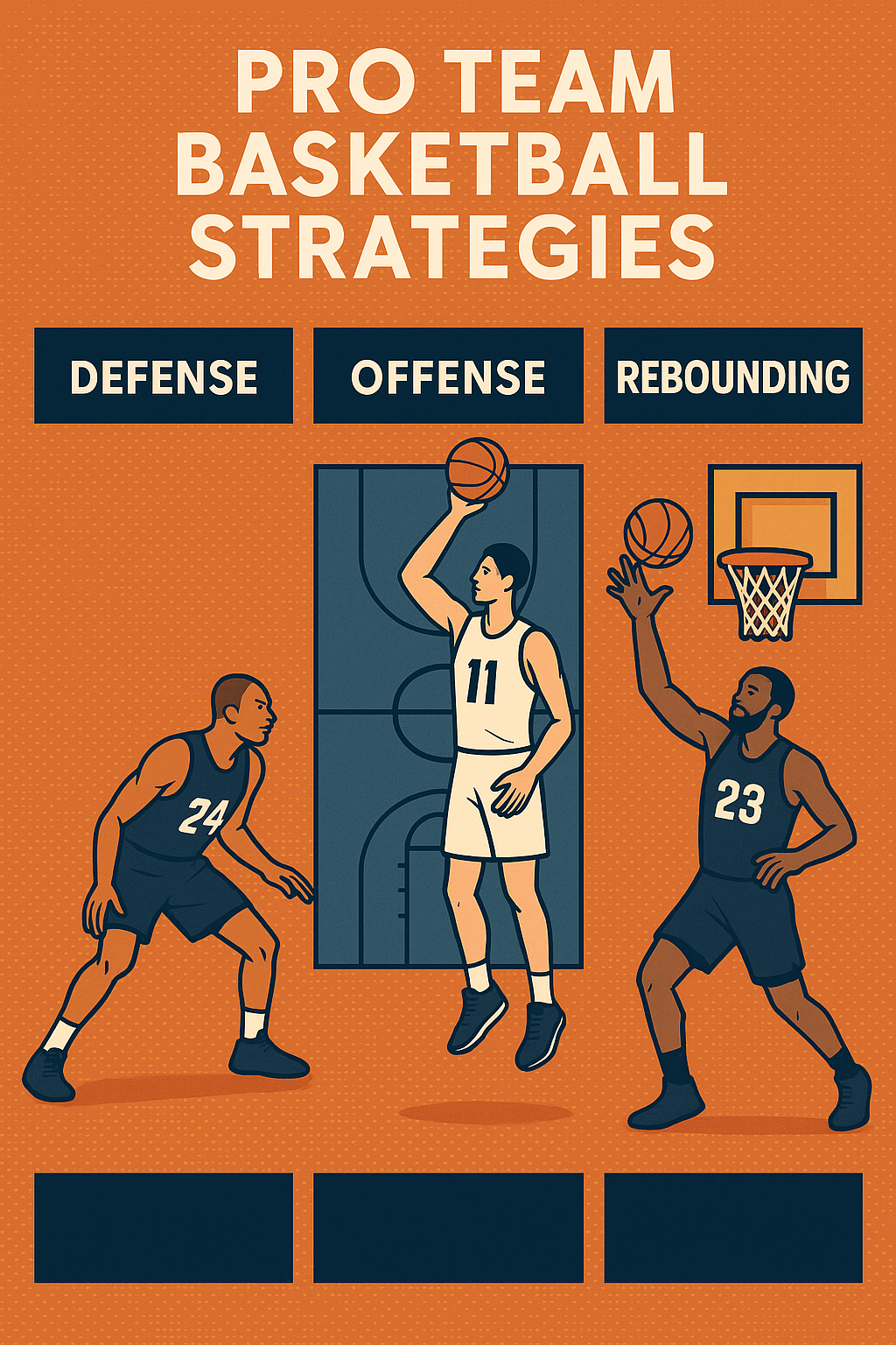 프로 농구팀의 전략을 표현한 이미지: 수비, 공격, 리바운드 전술을 시각적으로 구성한 일러스트 인포그래픽