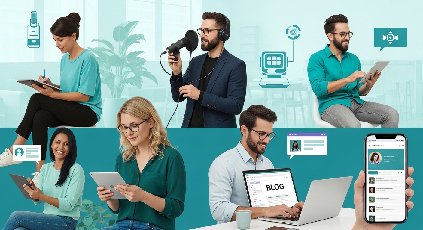 2025๋
, ๋ค์ํ ์ง์ฅ์ธ๋ค์ด ์์ ๋ง์ ์ฝํ
์ธ ๋ก ๋ถ์
์ ํ๋ฉฐ ์ฐฝ์์ ์ด๊ณ  ๋
๋ฆฝ์ ์ธ ์ถ์ ์ถ๊ตฌํ๋ ๋ชจ์ต. ๋
ธํธ๋ถ์ผ๋ก ๋ธ๋ก๊ทธ๋ฅผ ์ฐ๊ณ , ๋ง์ดํฌ๋ก ํ์บ์คํธ๋ฅผ ๋
น์ํ๋ฉฐ, ํ๋ธ๋ฆฟ์ผ๋ก ๋์์ธํ๋ ๋ฑ ๊ฐ์์ ์ด์ ์ ๋ด์ ์์ต์ ์ฐฝ์ถํ๋ ํ๋์ ์ด๊ณ  ํฌ๋ง์ฐฌ ๋ถ์๊ธฐ.