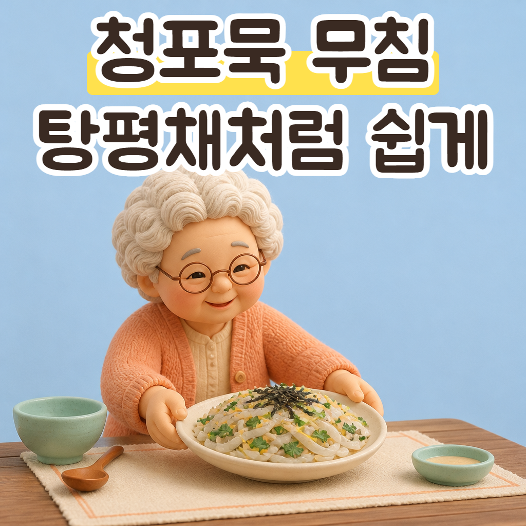 넓은 접시에 담긴 알록달록한 청포묵 무침을 내려놓는 할머니