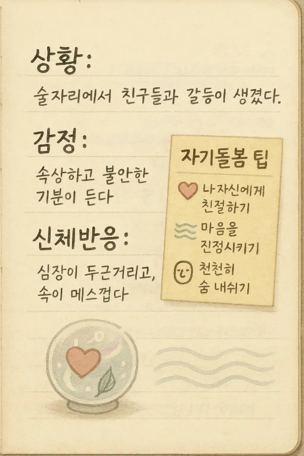 감정·신체반응을 기록한 자기돌봄 저널 페이지 일러스트