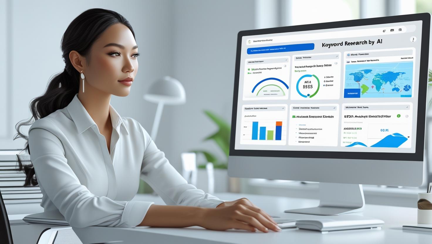 키워드 리서치 중인 블로거 - AI를 활용한 SEO 분석 장면