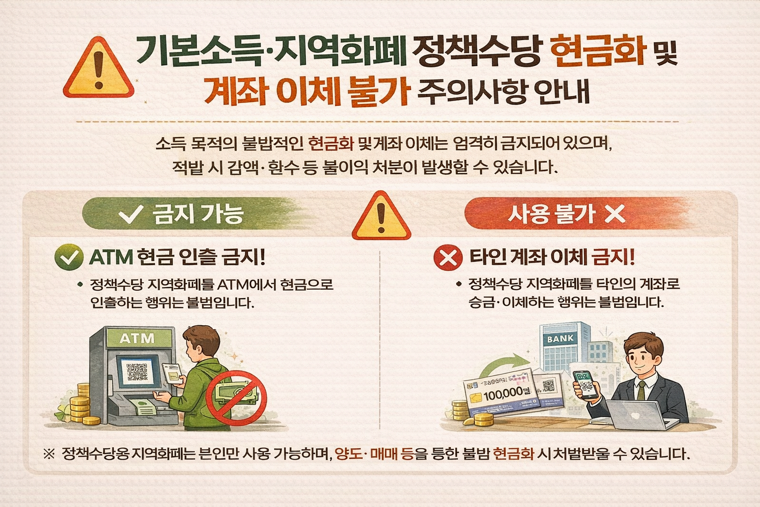 기본소득 지역화폐 정책수당 현금화 및 계좌 이체 불가 주의사항 안내
