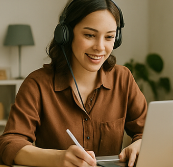 헤드셋을 끼고 모니터를 보며 펜으로 정리하는 여성사진
