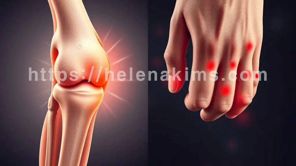 왼쪽은 퇴행성 관절염을 상징하는, 연골이 닳아 마모된 무릎 관절의 투시도. 노화와 마찰을 표현, 오른쪽은 류마티스 관절염을 나타내는, 붓고 붉어진 손가락 마디의 섬세한 클로즈업. 붉은색 염증과 면역 세포가 공격하는 패턴이 뒤섞여 대칭적 특징을 나타낸 이미지.