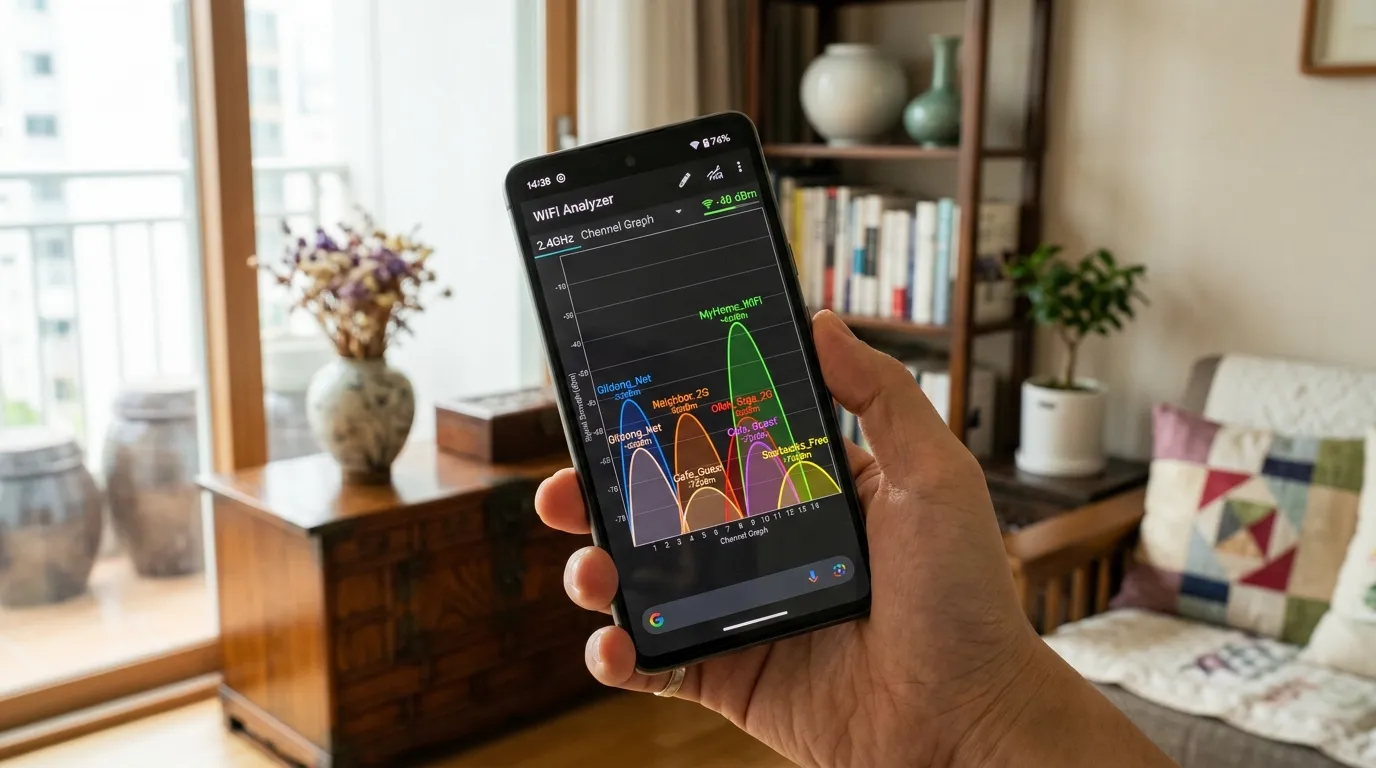 WiFi Analyzer 앱에서 주변 채널 혼잡도를 그래프로 보여주는 스마트폰 화면