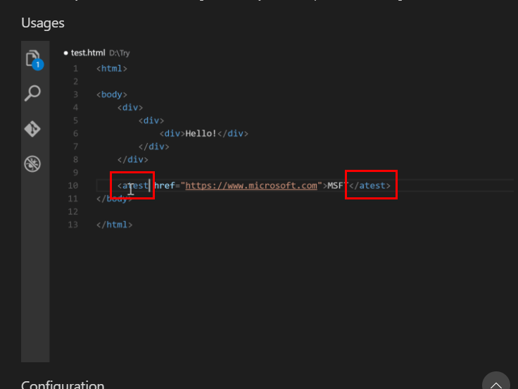 a 태그 수정시 닫는 태그가 한꺼번에 변경되는 장면