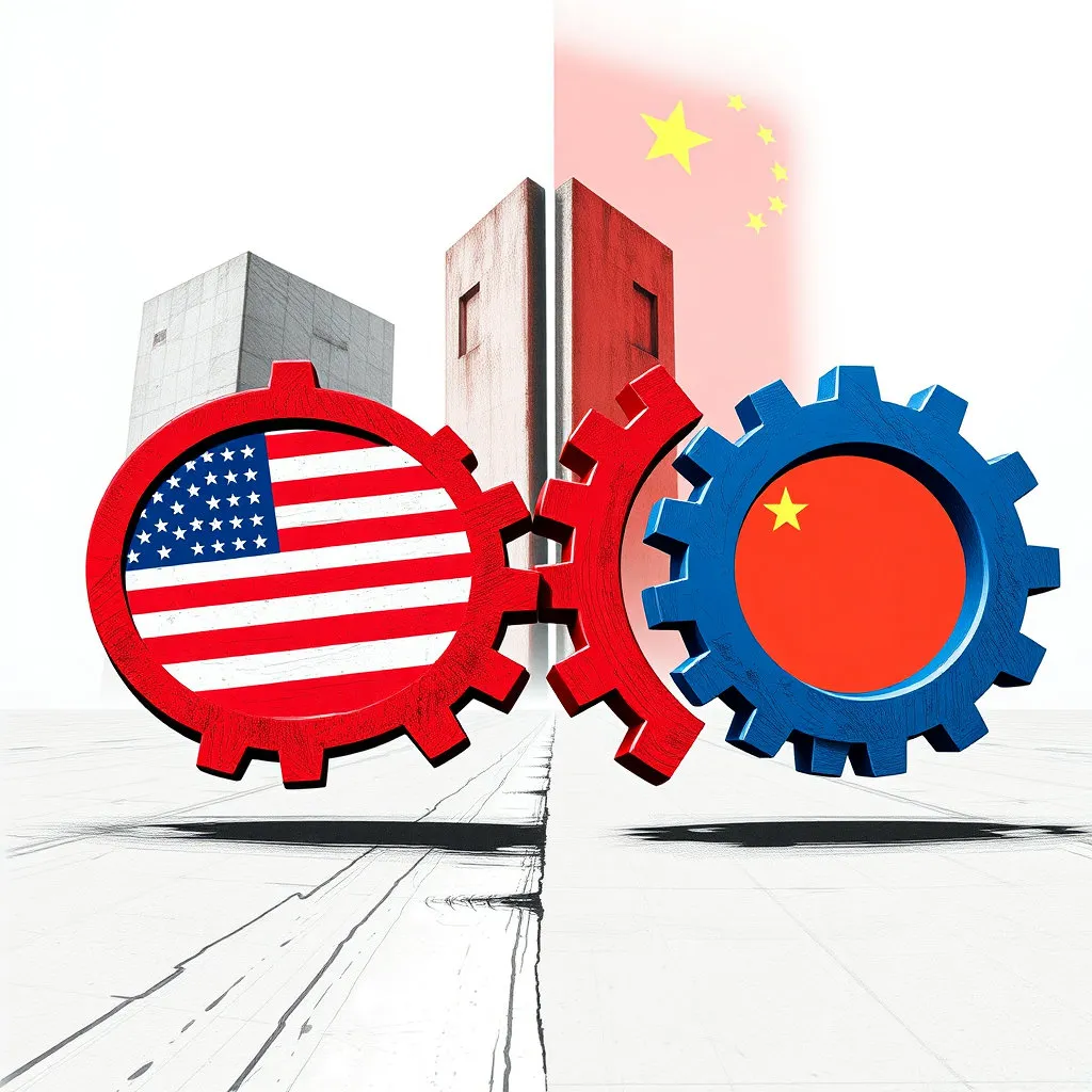 톱니바퀴 두 개가 서로 맞물리지 않고 따로 도는 모습, 또는 멀리 떨어져 있는 두 개의 거대한 블록이 서서히 분리되는 추상적인 이미지를 통해 경제적 분리 경향을 표현합니다.