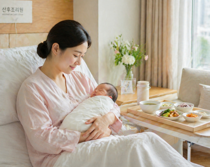산후조리원 생활, 신생아를 안고 있는 산모와 회복 중인 모습