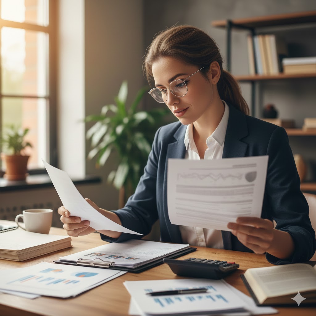 연말정산 자료를 보고 있는 여성의 모습