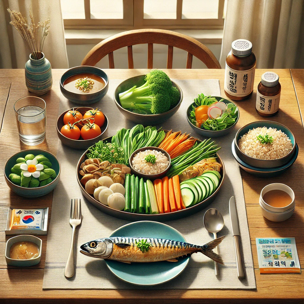 채소, 생선, 현미밥, 영양제가 함께 놓인 건강한 식사 한 상: 당뇨에 좋은 음식과 영양제의 조화된 느낌을 시각적으로 전달