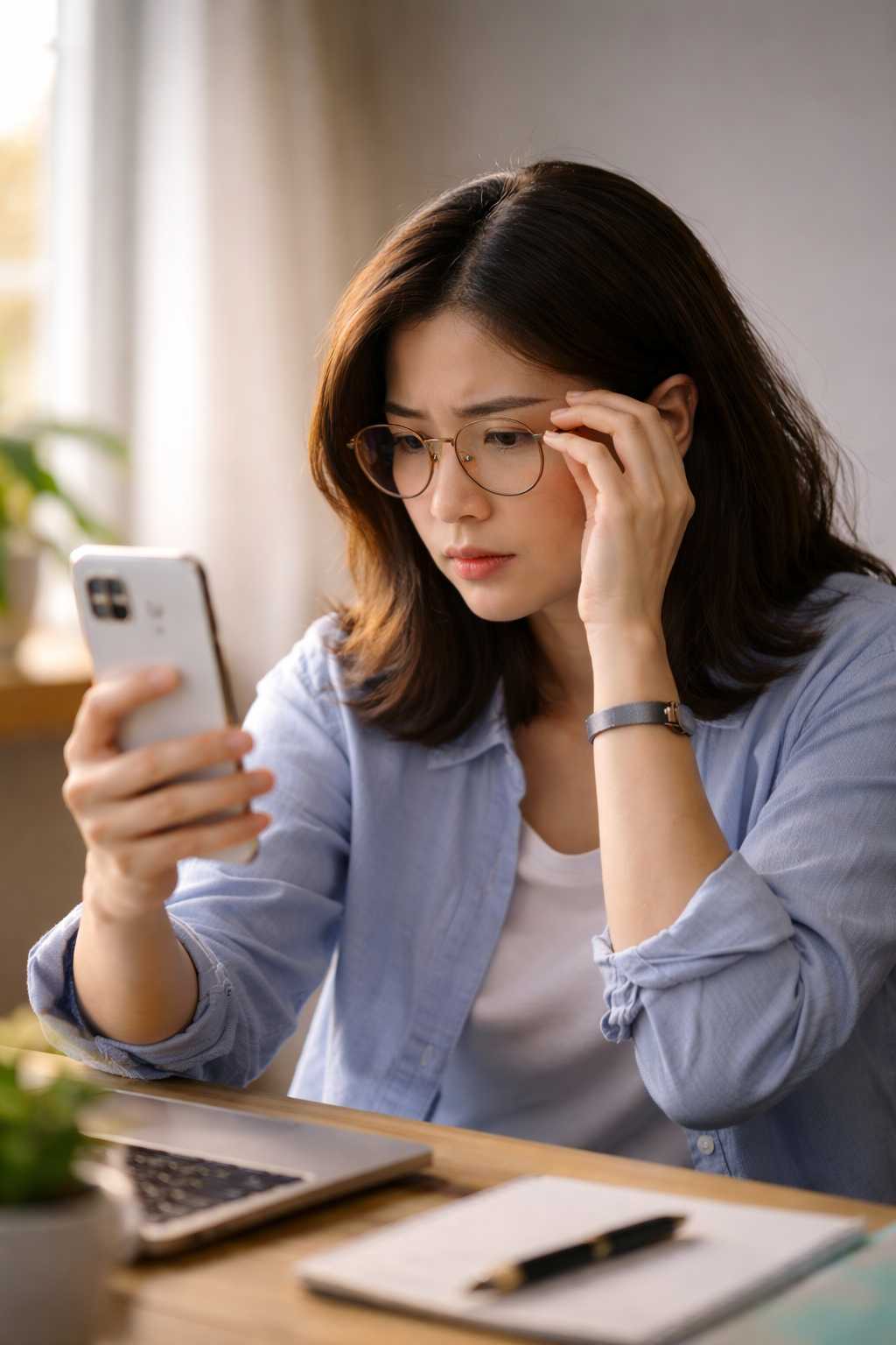 스마트폰을 보는데 초점이 맞지 않아 안경을 만지며 조절하는 모습