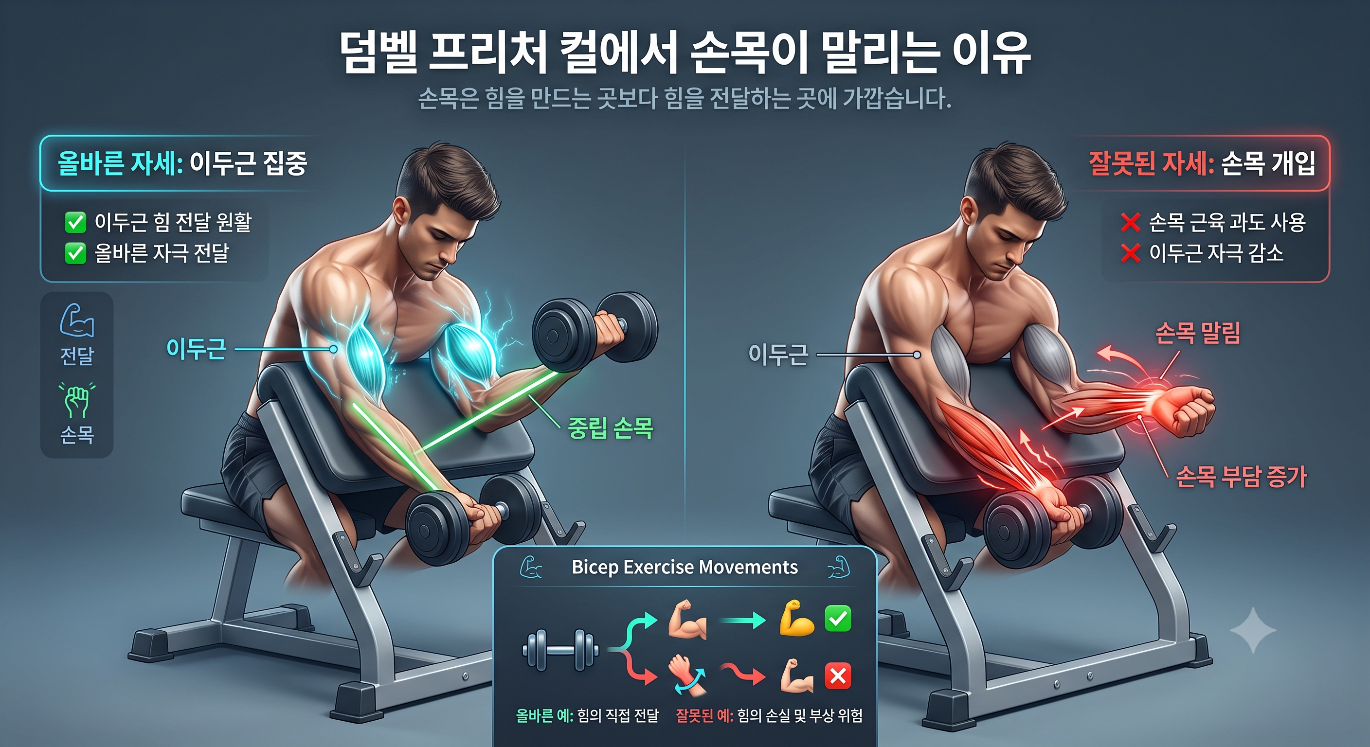 덤벨 프리처 컬에서 손목이 말리는 이유