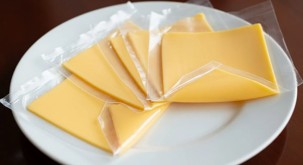 접시 위에 가공치즈 여러 장이 놓여 있는 모습