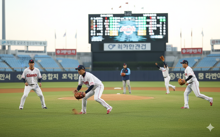 그라운드에서 수비 훈련을 하고 있는 롯데 선수들의 모습