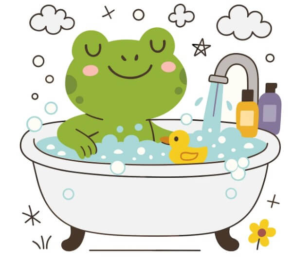 욕조에서 목욕 중인 개구리