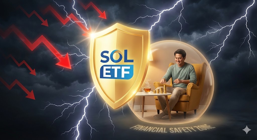 거친 폭풍우(하락장)가 몰아치지만, 견고한 황금 방패(SOL ETF) 뒤에서 평온하게 배당금(금화)을 쌓고 있는 투자자의 모습
