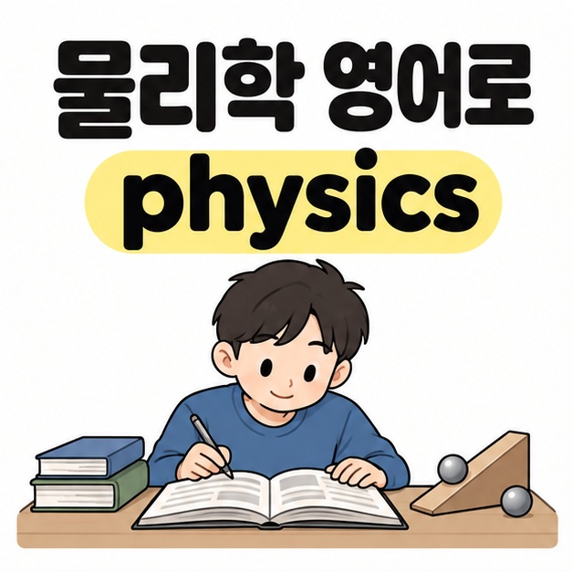 물리학 영어로와 physics 제목 아래 학생이 공과 경사판 교구가 놓인 책상에서 교재를 공부하는 모습