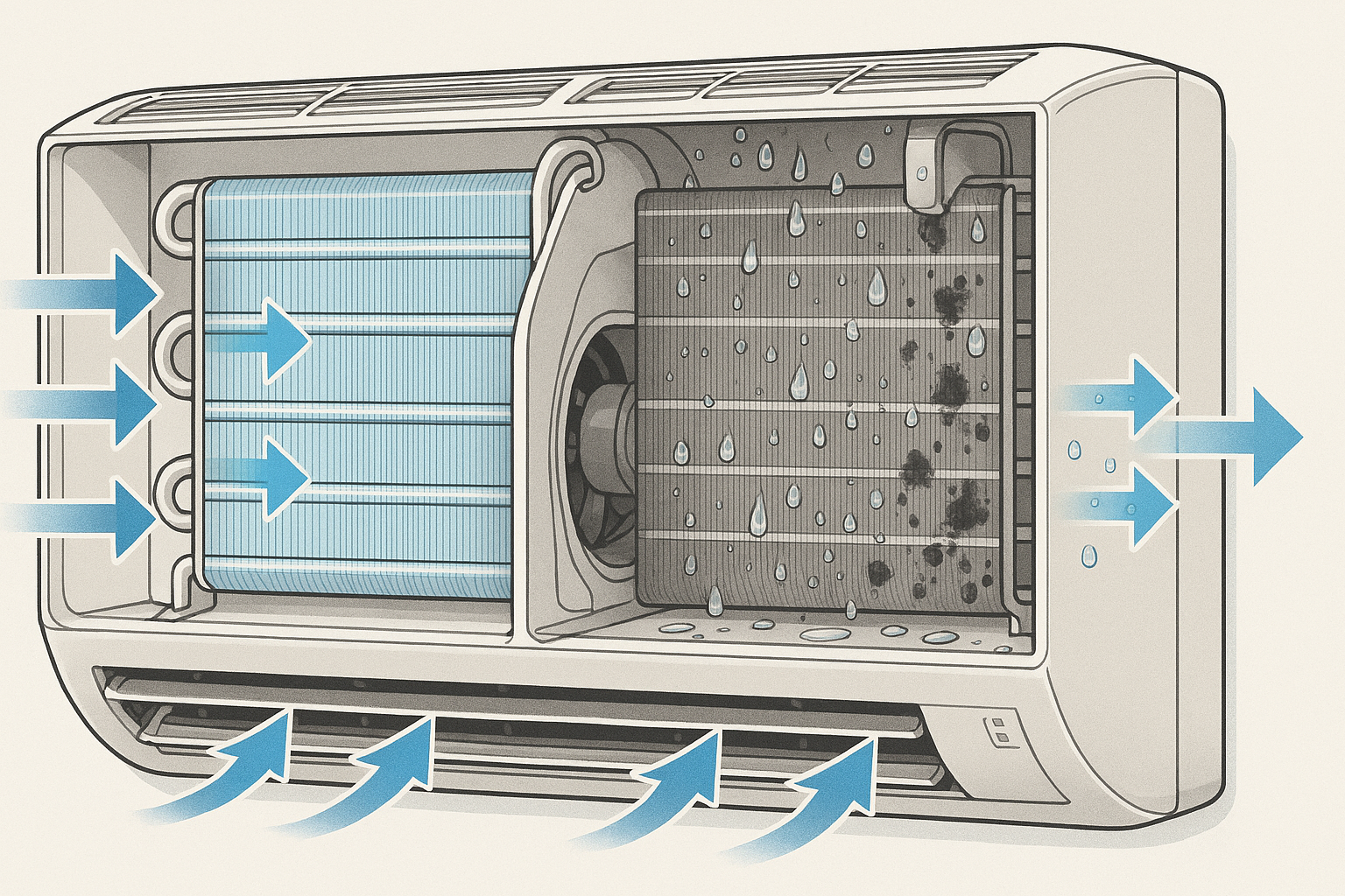 에어컨 내부의 습기로 인한 곰팡이 발생 원리 도식화