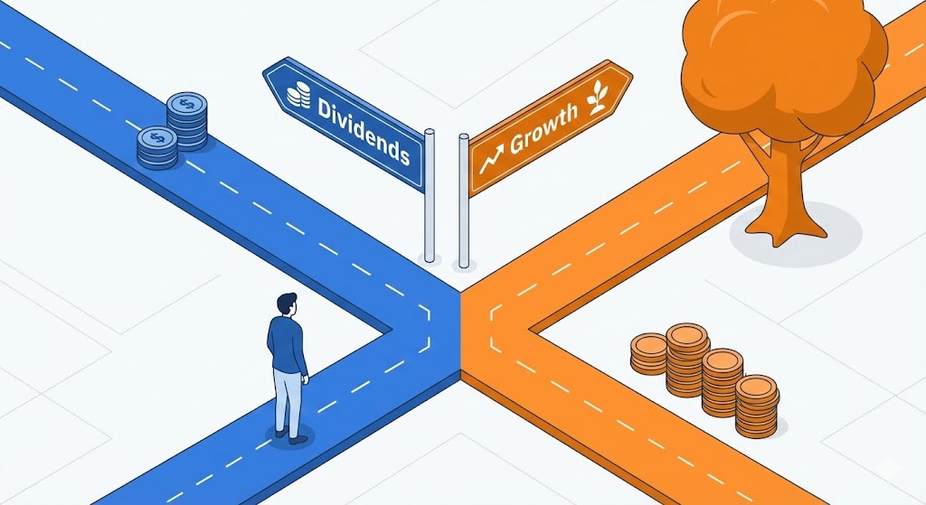 서로 다른 투자 방향을 고민하는 투자자의 갈등을 표현한 그래픽 이미지