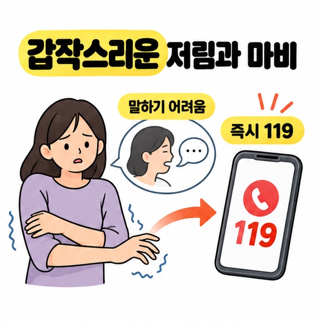 갑작스러운 저림과 마비, 말하기 어려움이 있을 때 즉시 119로 연락하는 상황을 사람과 전화 화면으로 보여주는 그림