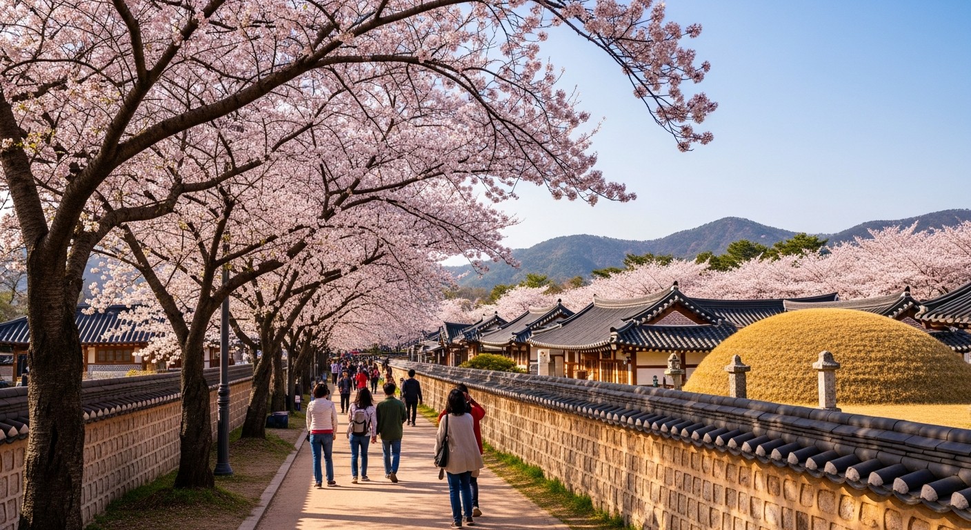 경주 대릉원 고분과 조화를 이룬 분홍빛 벚꽃