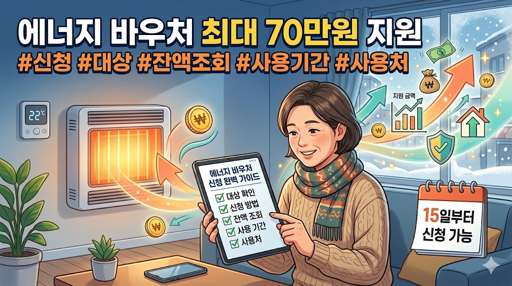 스마트폰 화면에 표시된 정부 에너지 바우처 지원 금액 70만 원 체크리스트와 겨울철 난방비 지원을 상징하는 따뜻한 집 안 인테리어가 조화를 이룬 플랫 디자인 일러스트