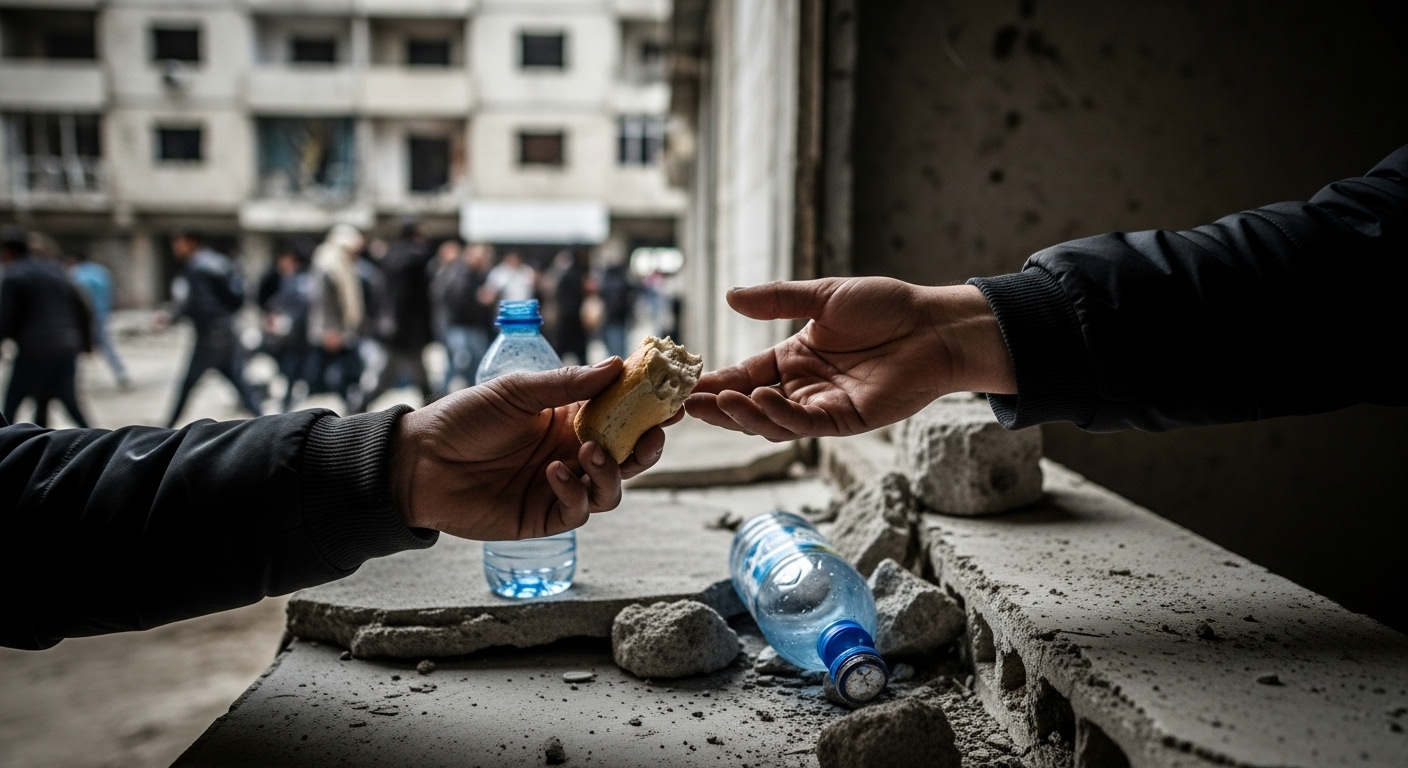 무너진 건물 잔해 속에서 절박한 표정의 두 손이 귀중한 물건을 교환하는 모습.