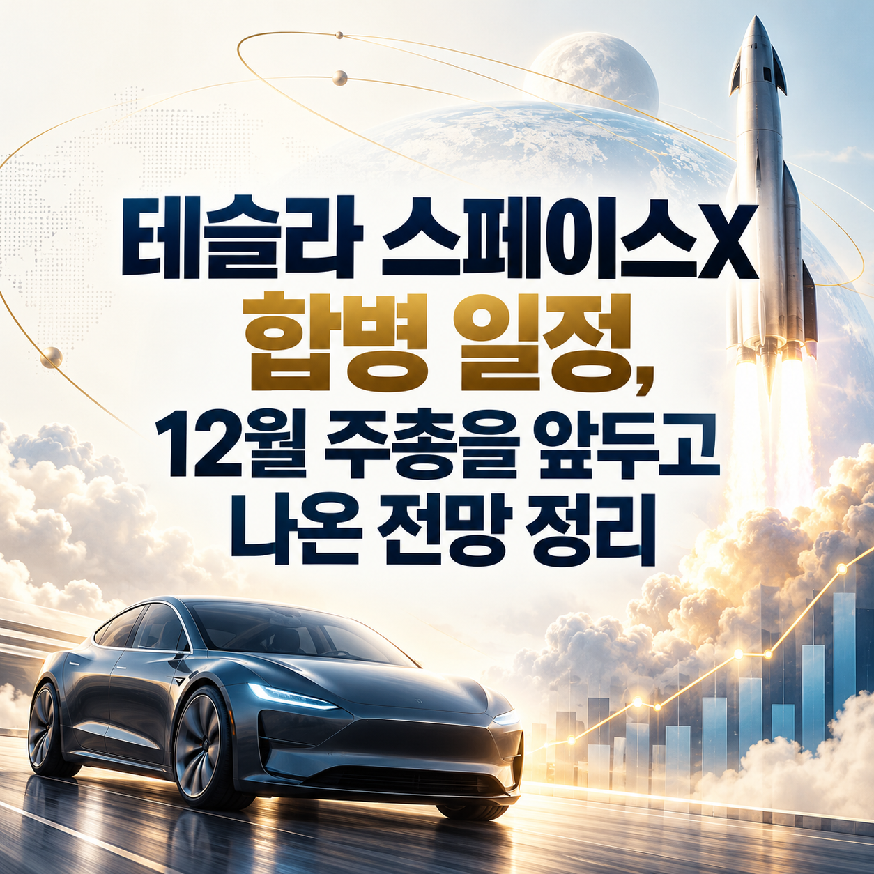 테슬라 전기차와 스페이스X 로켓을 배경으로 12월 주주총회를 앞둔 합병 일정과 주가 전망을 표현한 인포그래픽 이미지.
