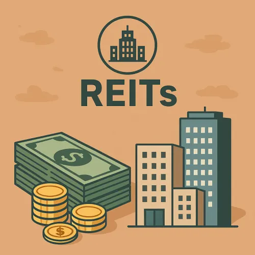 리츠(REITs) 글자 아래에 부동산 건물과 지폐, 동전이 배열된 그림