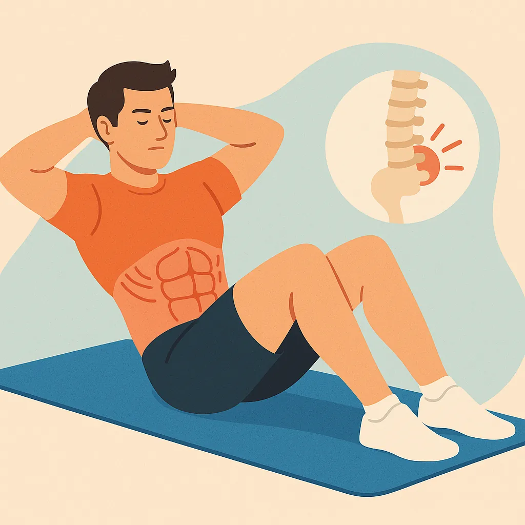코어-근육-강화가-허리-통증-완화에-도움이-되는-이유를-표현한-일러스트-운동-매트에서-윗몸일으키기를-하는-남성이-복부-근육이-강조되어-보이고-옆에는-척추와-통증-부위가-표시되어-코어와-허리의-연관성을-강조