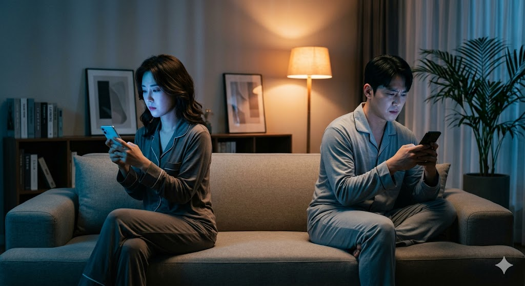 세련된 거실 소파에 MZ세대 부부가 등을 돌리고 앉아 각자의 스마트폰을 보고 있는 모습. 차가운 블루톤과 따뜻한 오렌지톤이 대비되며 소통의 단절과 내면의 갈등을 시각화함
