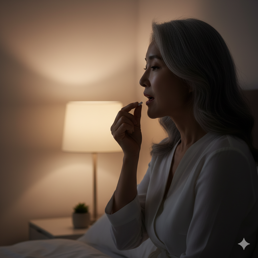 침대 옆에서 구강 유산균을 섭취하며 하루를 마무리하는 중년 여성.