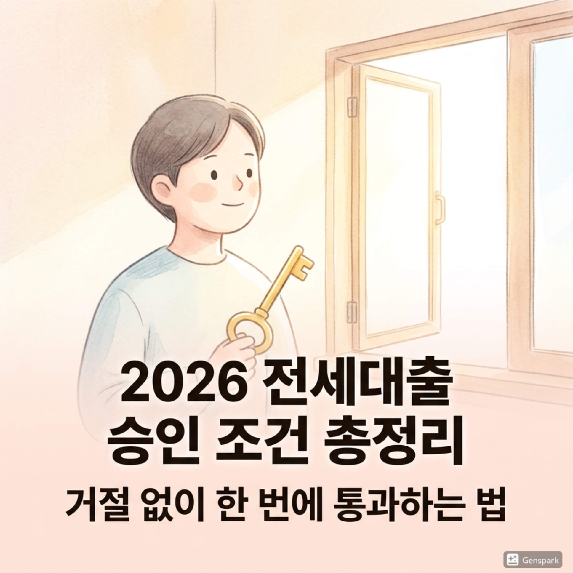따뜻한 색감의 동화책 삽화. 황금 열쇠를 든 인물이 집안에서 밝은 미래를 보는 모습으로 2026년 전세자금대출 승인 전략을 상징함.