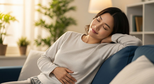 배를 편하게 누르며 웃는 여성