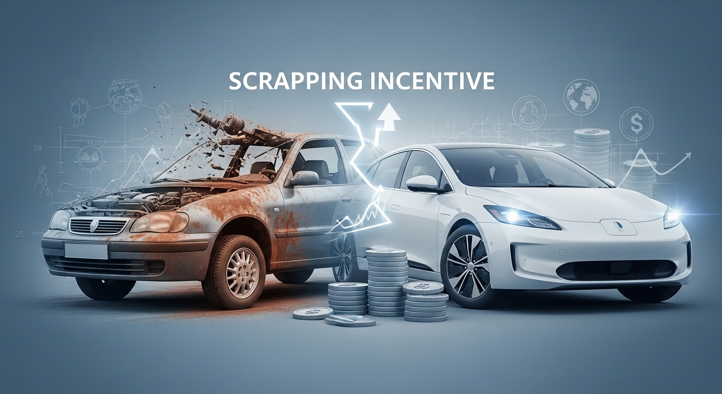 노후 내연기관차를 폐차하고 전기차를 구매할 때 주어지는 추가 보조금 혜택을 시각적으로 보여주는 이미지.