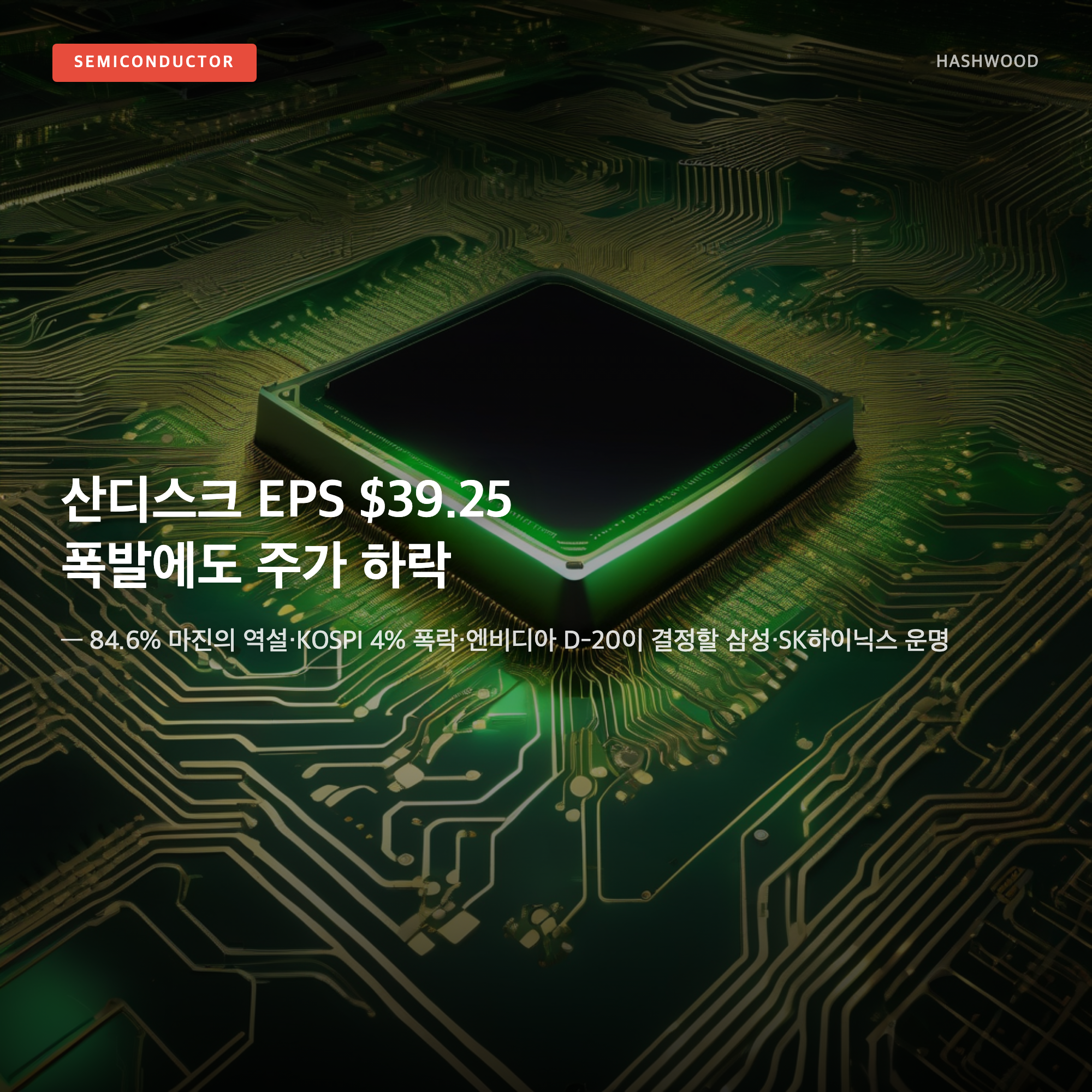 그림: 산디스크 EPS $39.25 폭발에도 주가 하락 — — 84.6% 마진의 역설·KOSPI 4% 폭락·엔비디아 D-20이 결정할 삼성·SK하이닉스 운명