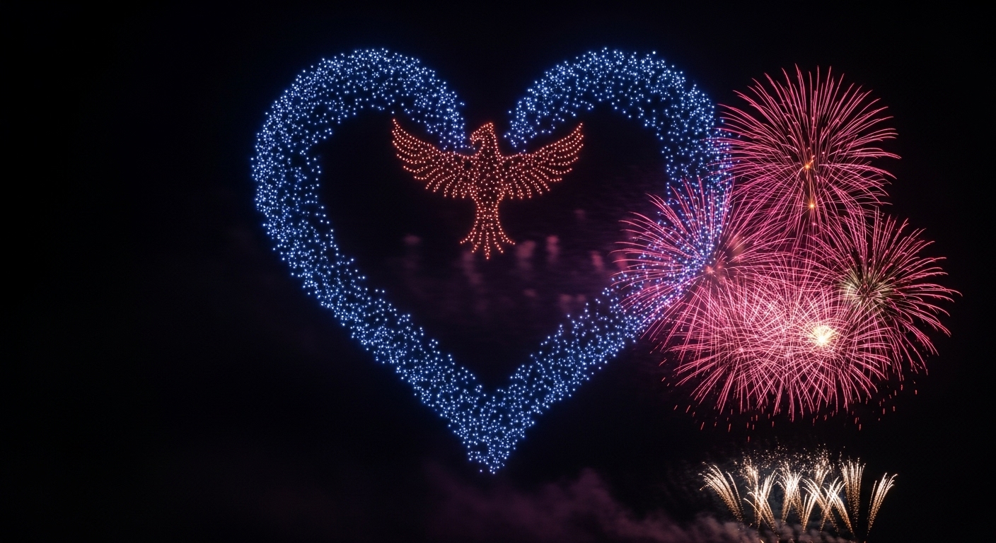 밤하늘 위 수백 대의 드론이 정교한 빛의 군무를 펼치고, 뒤편에서는 화려한 불꽃이 터지는 부산불꽃축제의 한 장면.