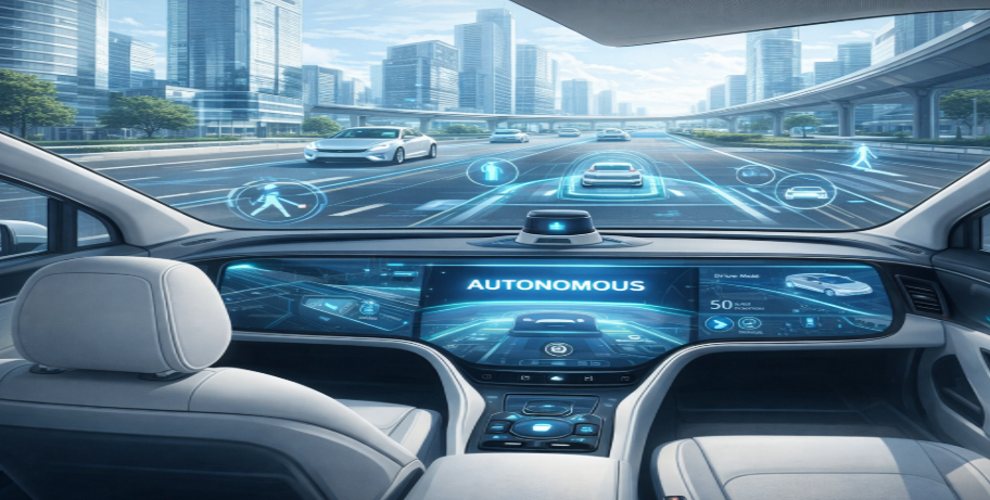 운전석이 비어 있는 자율주행 로보택시가 도심을 주행하는 미래지향적 이미지