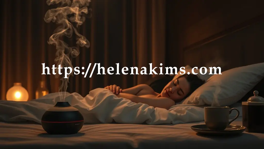 어두운 밤 깔끔한 침실. 부드러운 침구 위에 한 여성이 평온하게 잠들어 있는 모습. 주변에는 아로마 디퓨저에서 피어오르는 은은한 연기, 편안함을 주는 허브차 한 잔, 그리고 침대 협탁에는 조용한 명상 음악을 재생하는 듯한 오브제가 감성적으로 배치되어 있다.