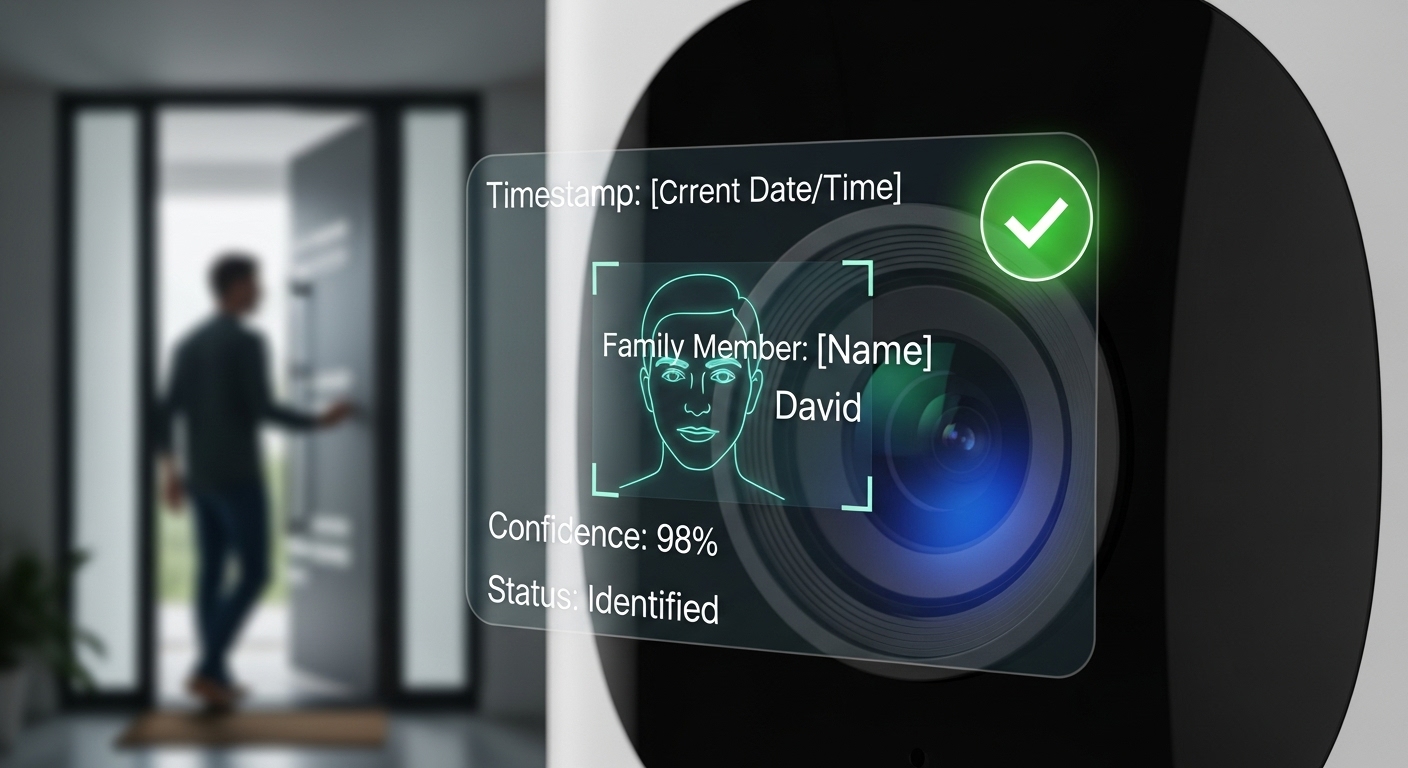 AI 홈캠이 가족 구성원의 얼굴을 정확히 인식하여 안전하게 집으로 들어오는 모습을 감지하는 장면.