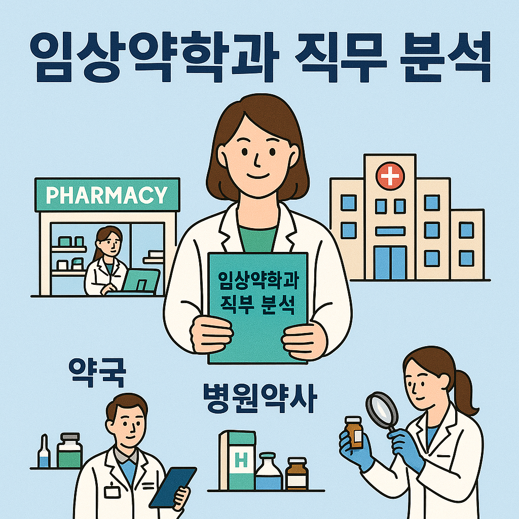 임상약학과 직무 분석을 주제로 약국, 병원약사, 제약회사 분야에서의 약사 활동을 설명하는 일러스트 포스터]