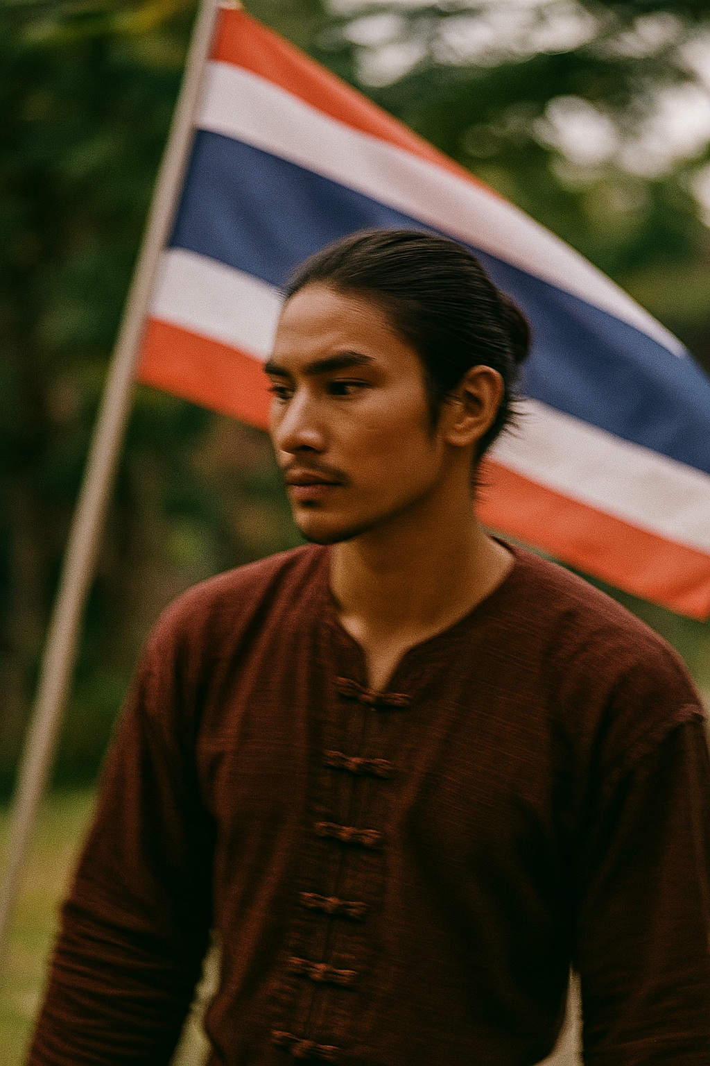 짙은 갈색 피부에 전통적인 란나 스타일의 옷을 입은 북부 태국인 남성이 서있고, 뒤에는 태국 국기가 펄럭인다