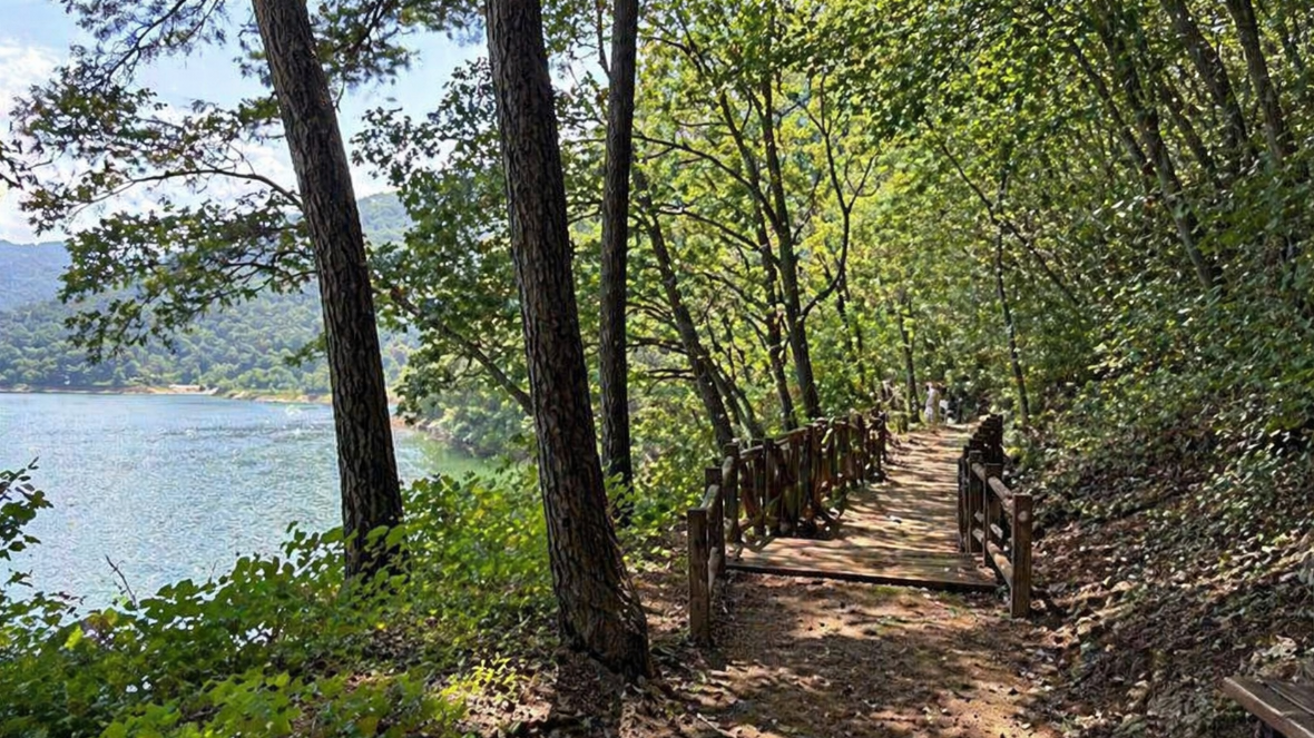 괴산 산막이옛길의 호숫가 산책로와 나무 데크, 숲과 물가가 함께 보이는 모습