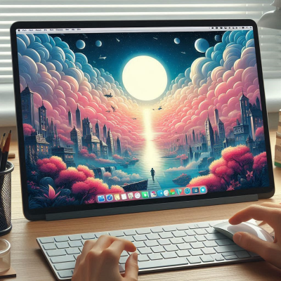 신비한 풍경을 배경으로 한 컴퓨터 화면, 디지털 작업 중 창조적인 상상력이 표현됨.