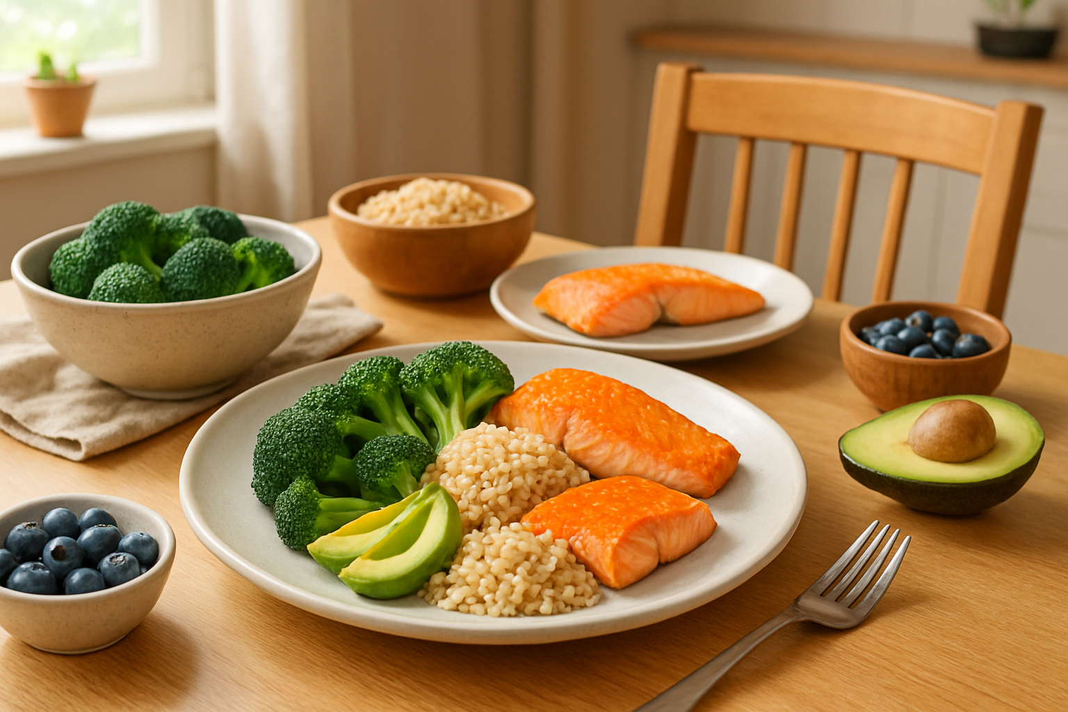 alt="햇살이 비치는 부엌 식탁 위에 연어, 현미, 아보카도, 브로콜리, 블루베리 등으로 구성된 건강한 항염 식단이 정갈하게 차려져 있는 모습"
