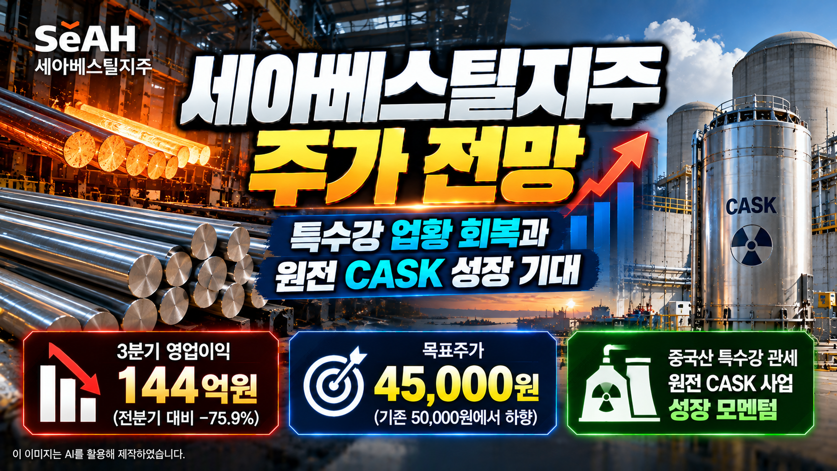 세아베스틸지주(001430) 주가 전망 및 기업분석, iM증권 목표주가 45,000원 하향, 2026년 3분기 영업이익 144억 원 기록, 중국산 특수강 덤핑방지관세에 따른 업황 회복 기대와 원전 사용후핵연료 저장장치(CASK) 사업 성장 전망