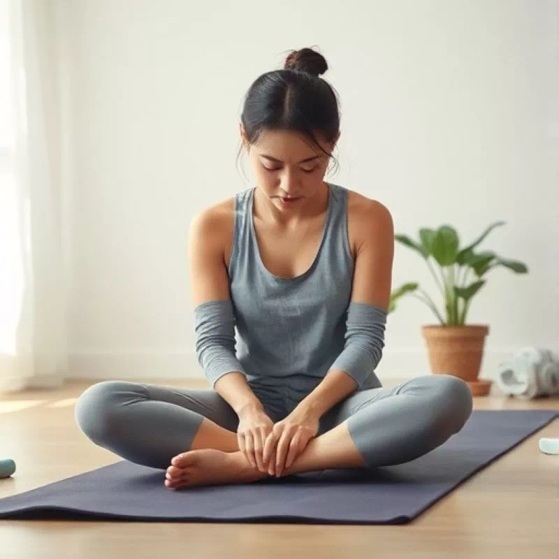요가매트를 깔아놓고 막막한 표정으로 앉아있는 사람. 생활 습관 개선을 가로막는 완벽주의의 부담감을 상징