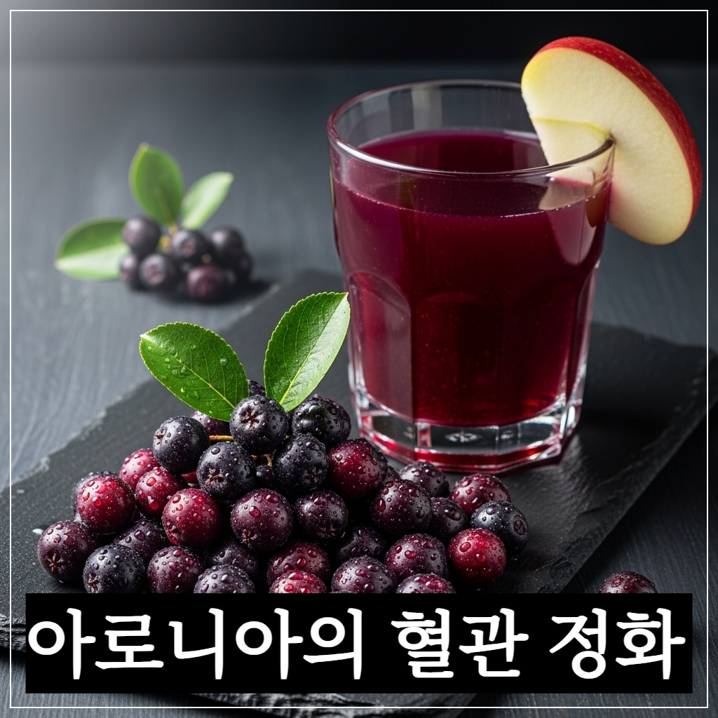 혈관 건강에 도움을 주는 신선하고 짙은 보랏빛 아로니아 열매와 건강 주스 이미지