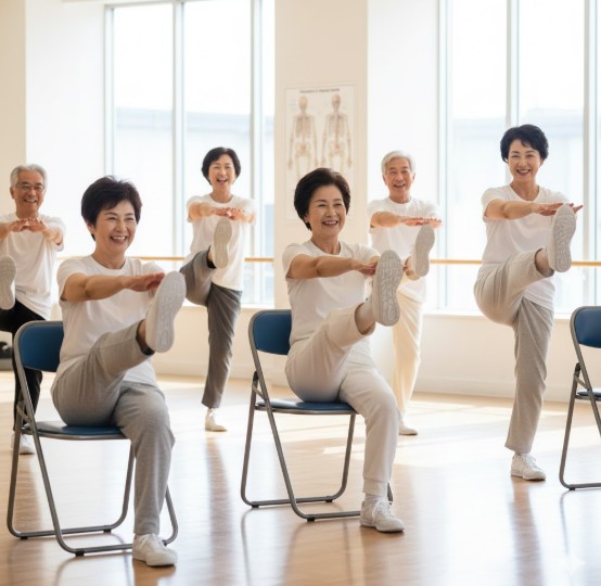 노인들이 뼈건강을 위해 하체 운동을 하는 모습