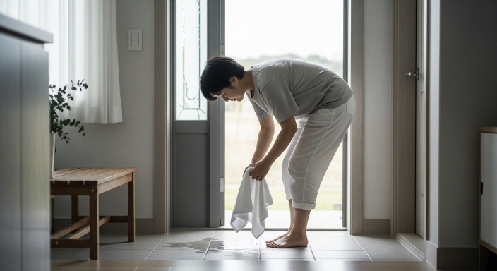 발을 부드럽게 닦아 말리는 모습